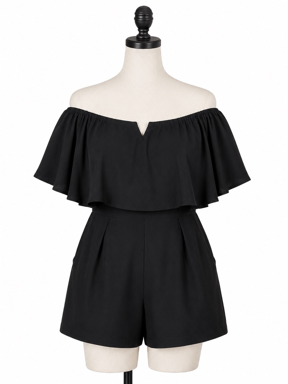 eesome Black Off-Shoulder Romper with Flounce Bodice - Picture 2 of 8